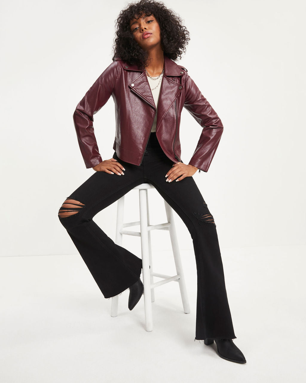 Jingle Bell Rock Pocketed Faux Leather Biker Jacket - Wine