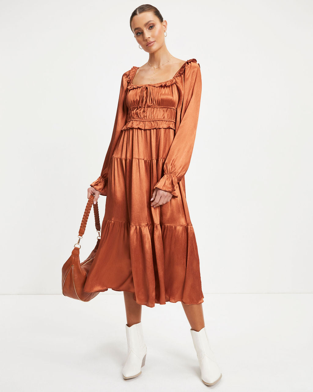 Thousand Words Satin Tiered Ruffle Midi Dress - Rust