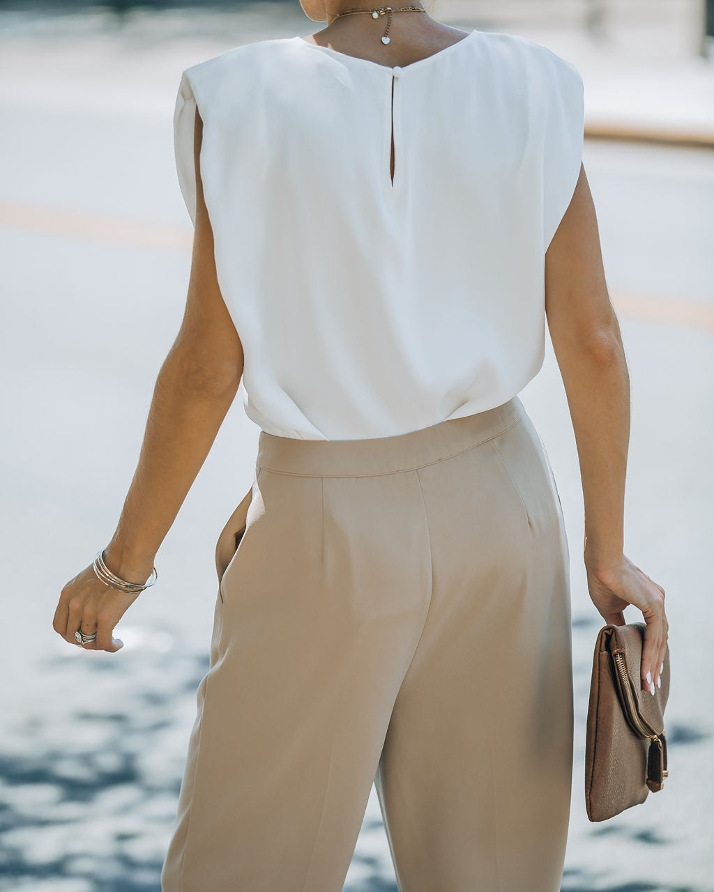 Fancy Gal Satin Padded Shoulder Top - White - SALE