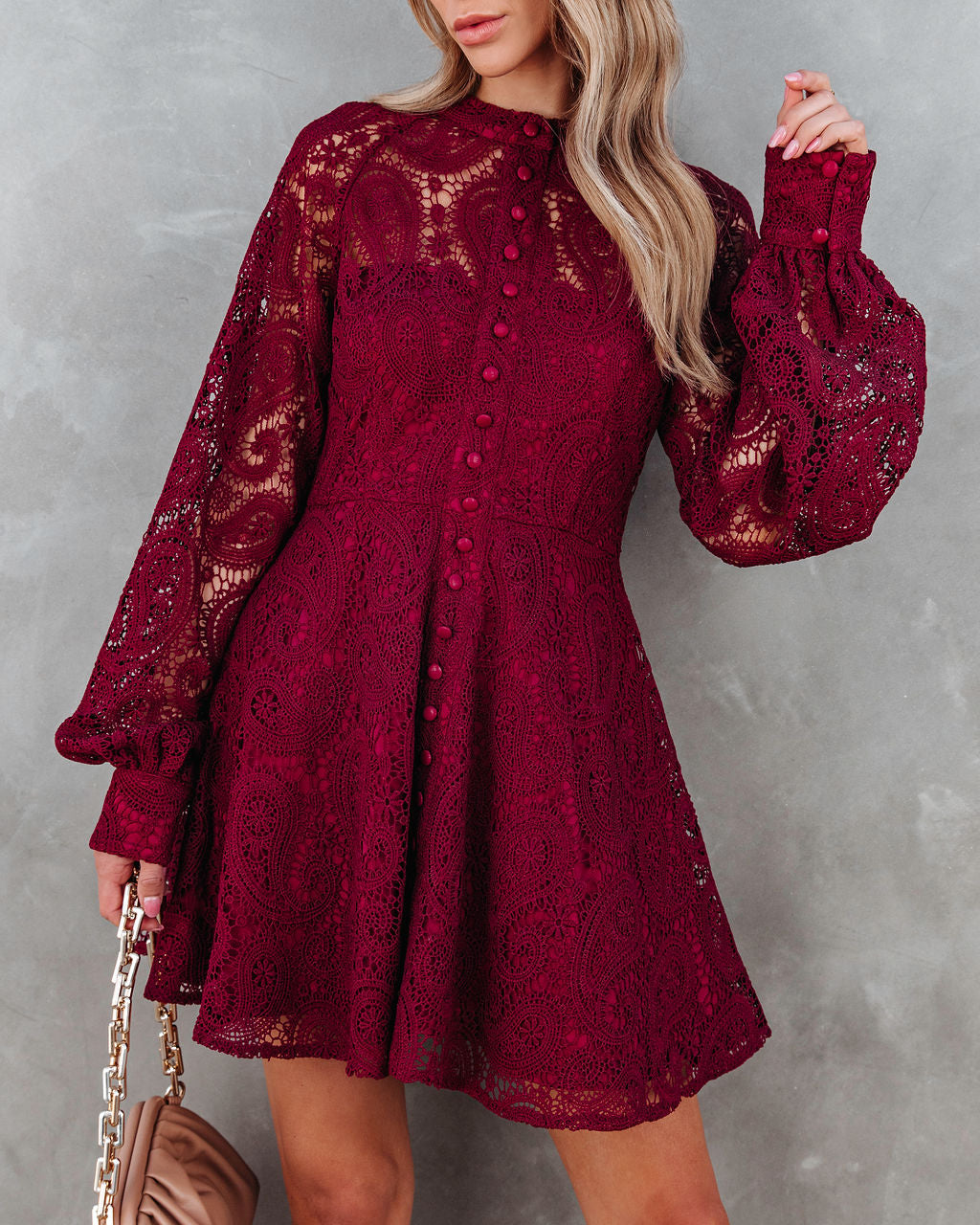 Lila Crochet Lace Mini Dress - Wine - SALE