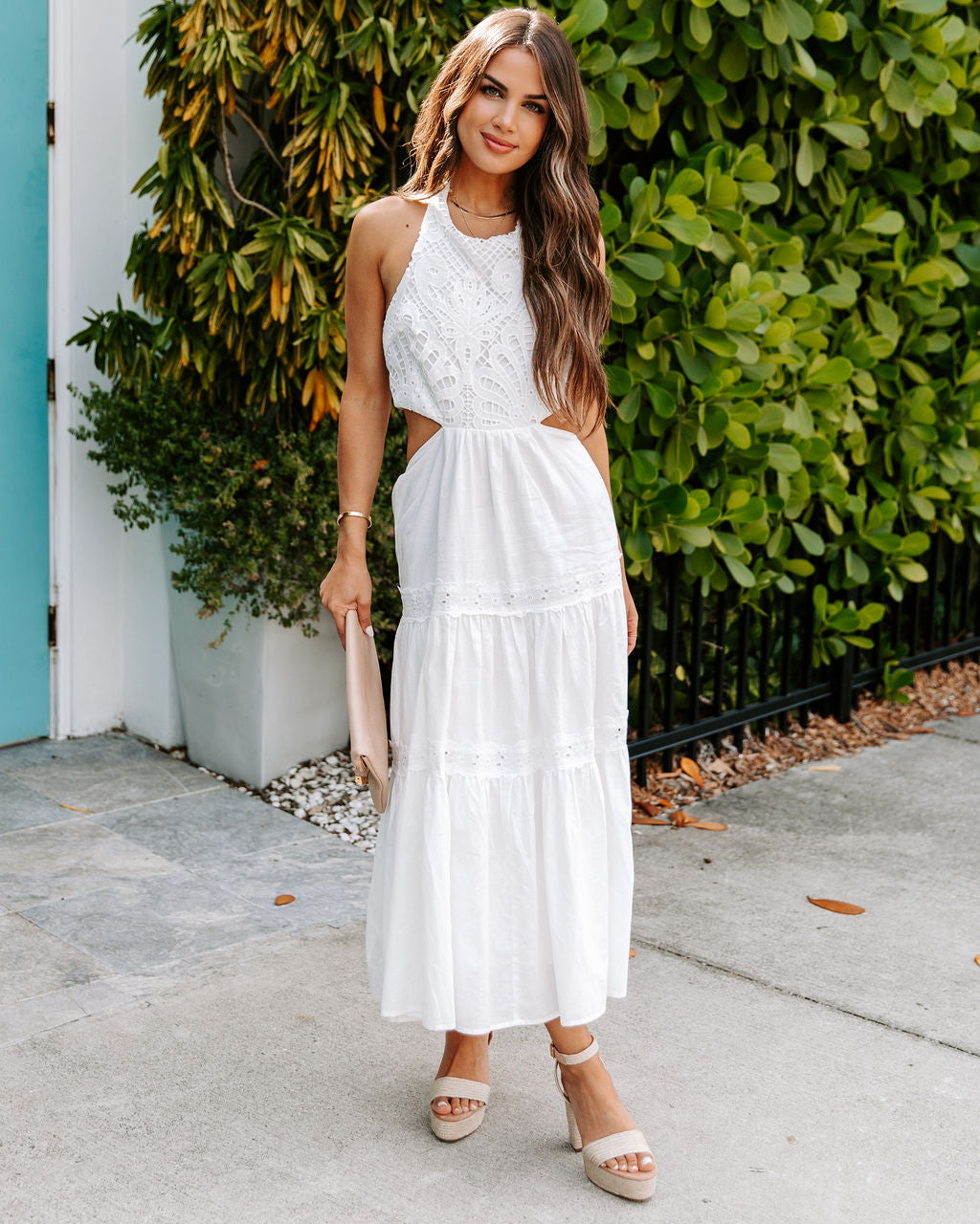 Falisha Cotton Linen Crochet Halter Midi Dress - Off White - FINAL SALE