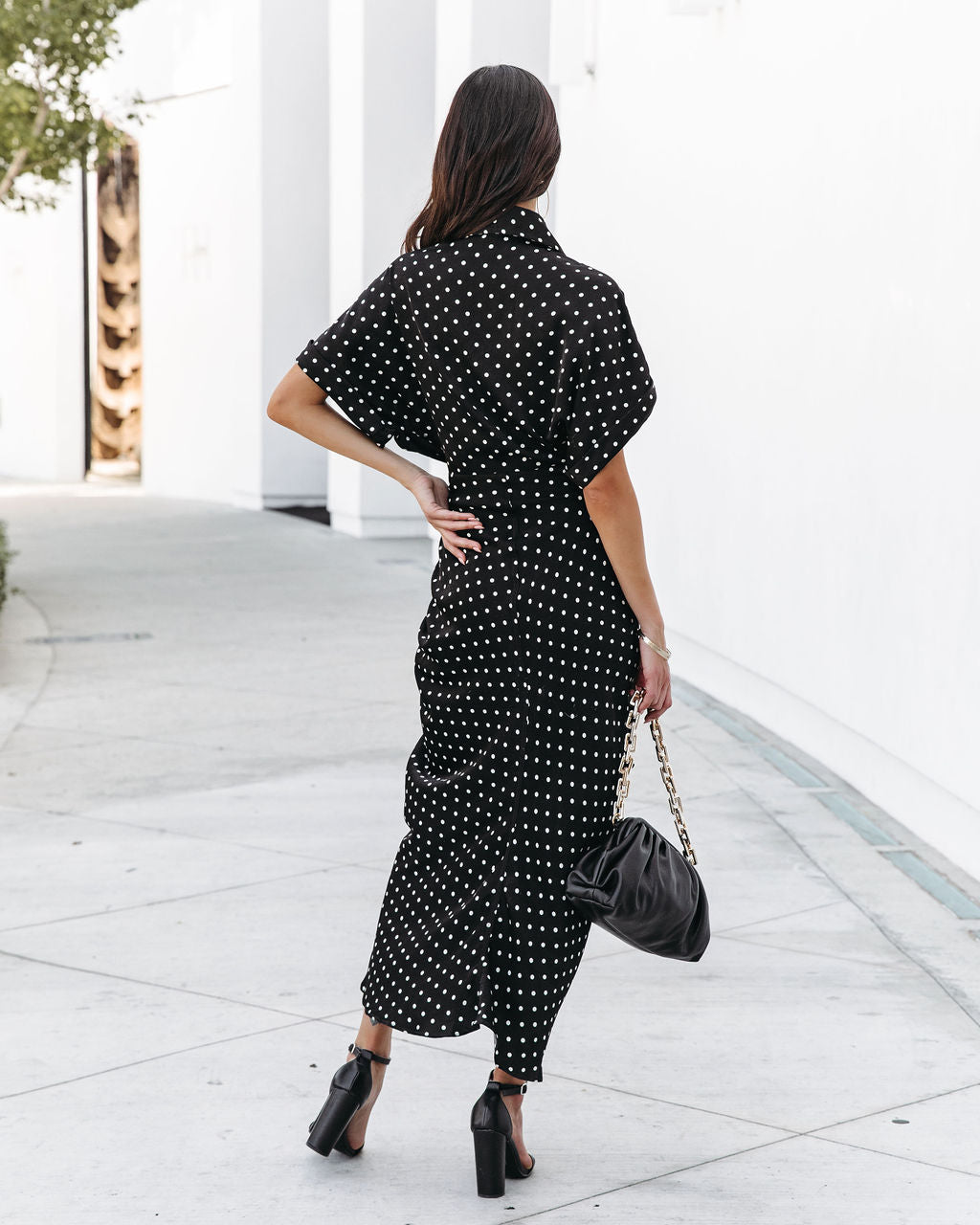 Aurielle Polka Dot Tie Front Midi Shirt Dress - Black - FINAL SALE