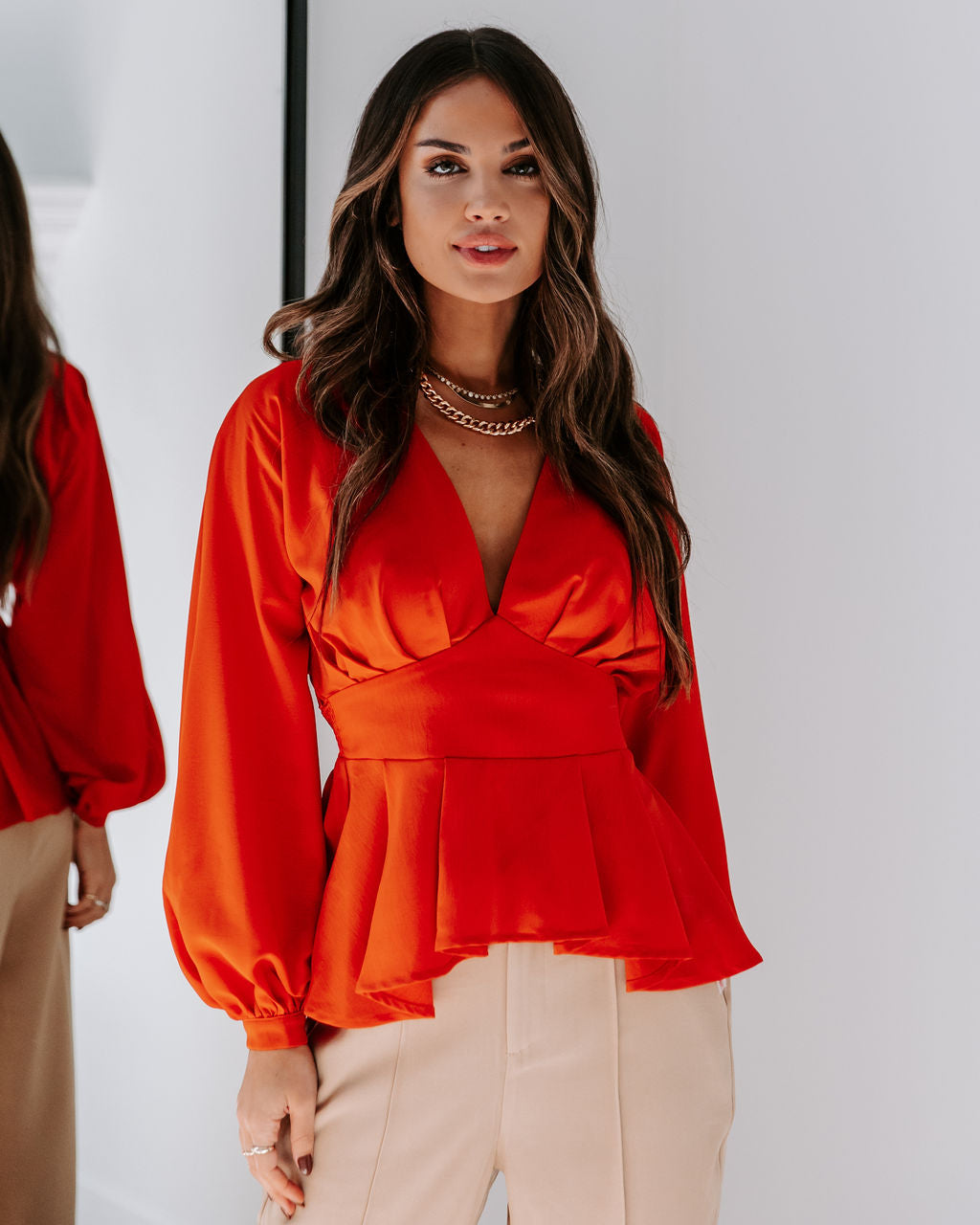 Gianna Plunge Neck Long Sleeve Top - Rust