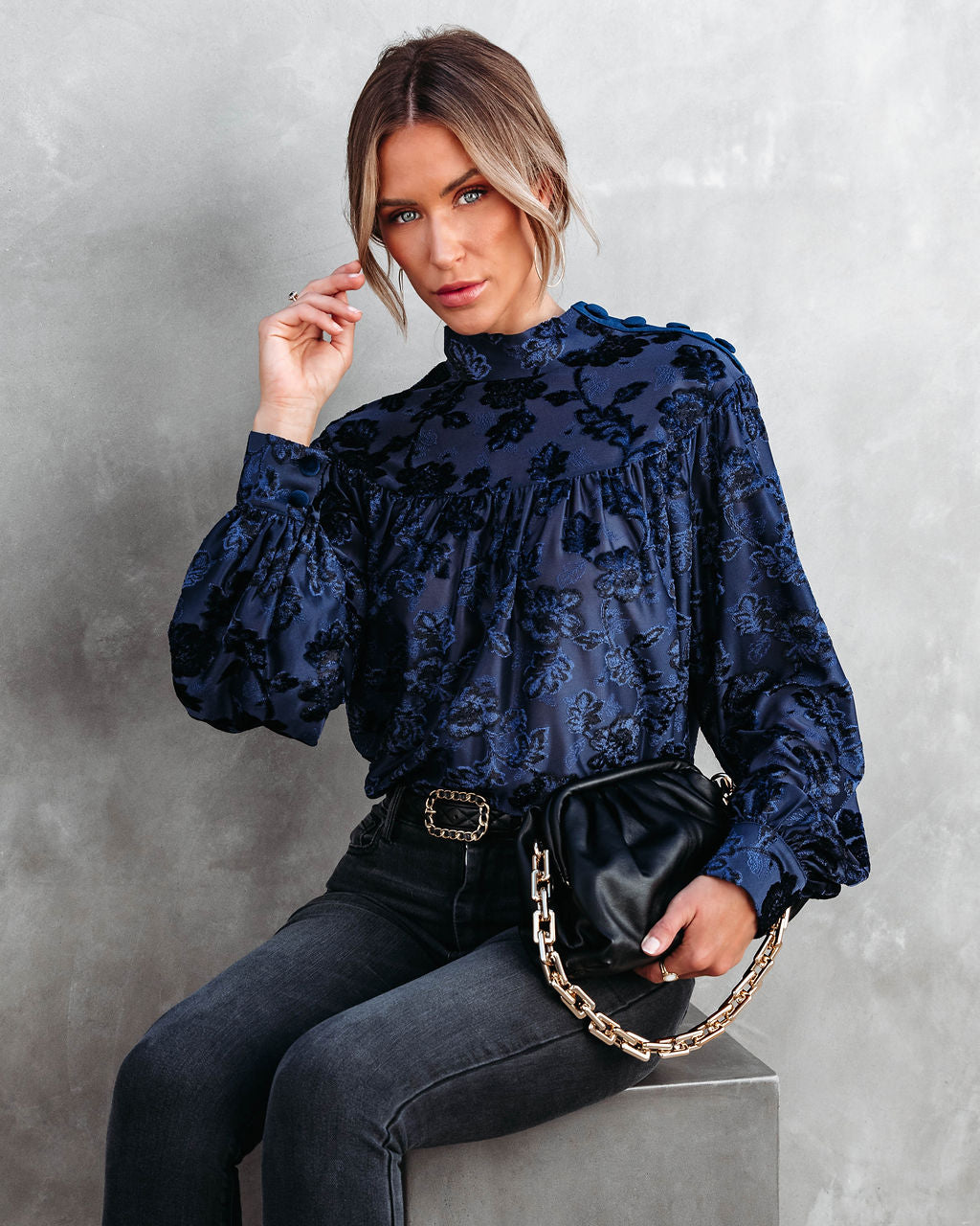Jane Floral Burnout Velvet Top - Navy