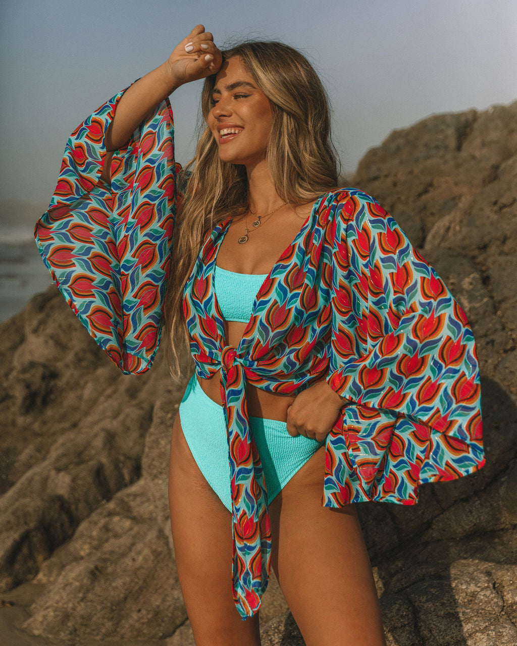 Juniper Printed Bell Sleeve Tie Front Crop Top - Multi - FINAL SALE