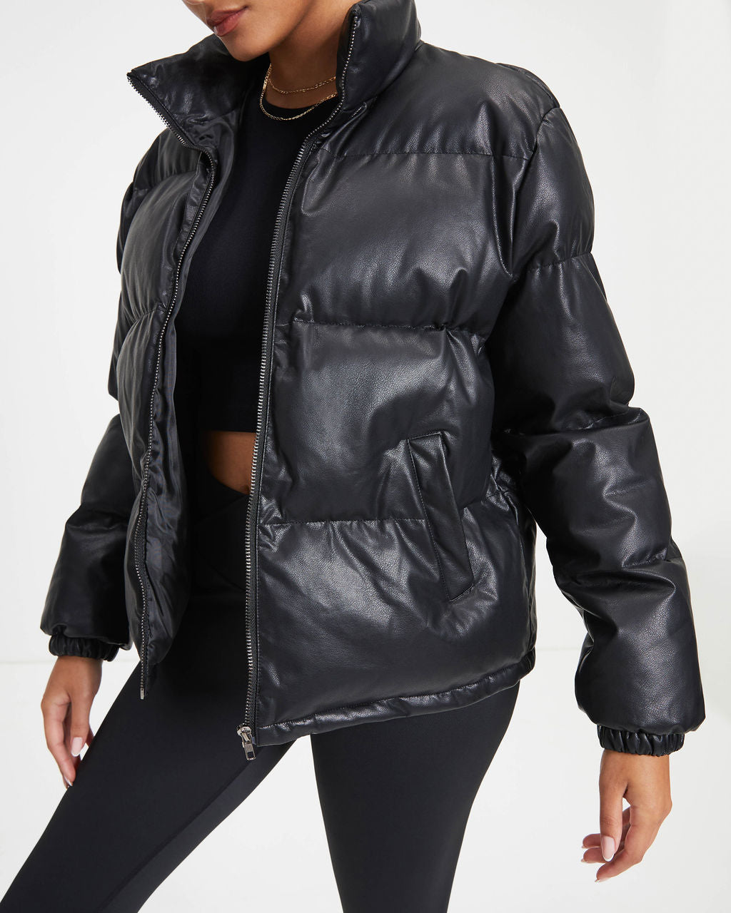 Raza Pocketed Faux Leather Puffer Jacket - Black