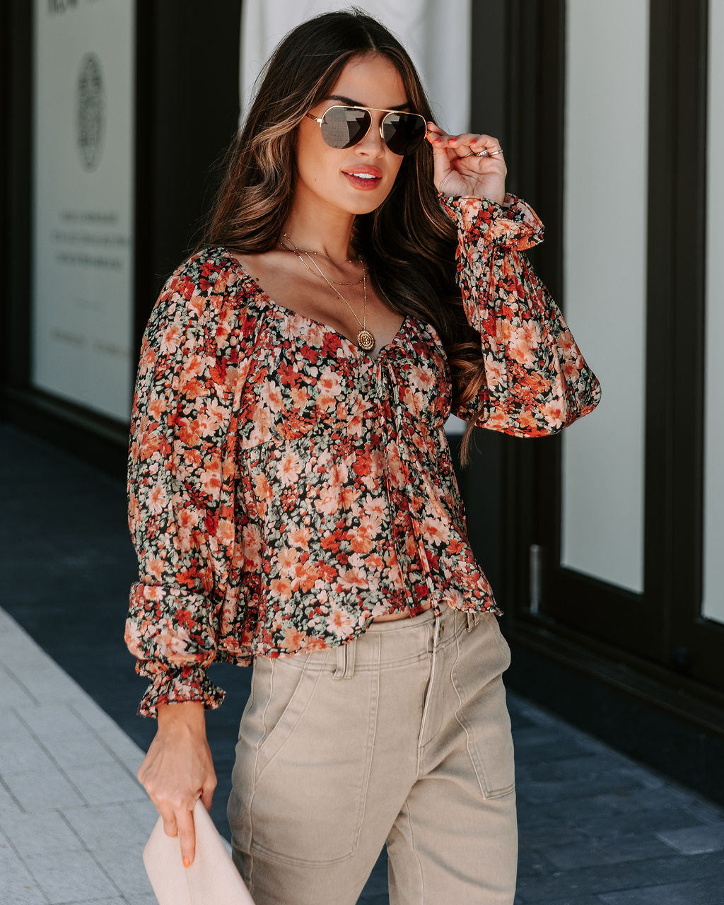 Uncertain Love Floral Front Tie Top - Brown