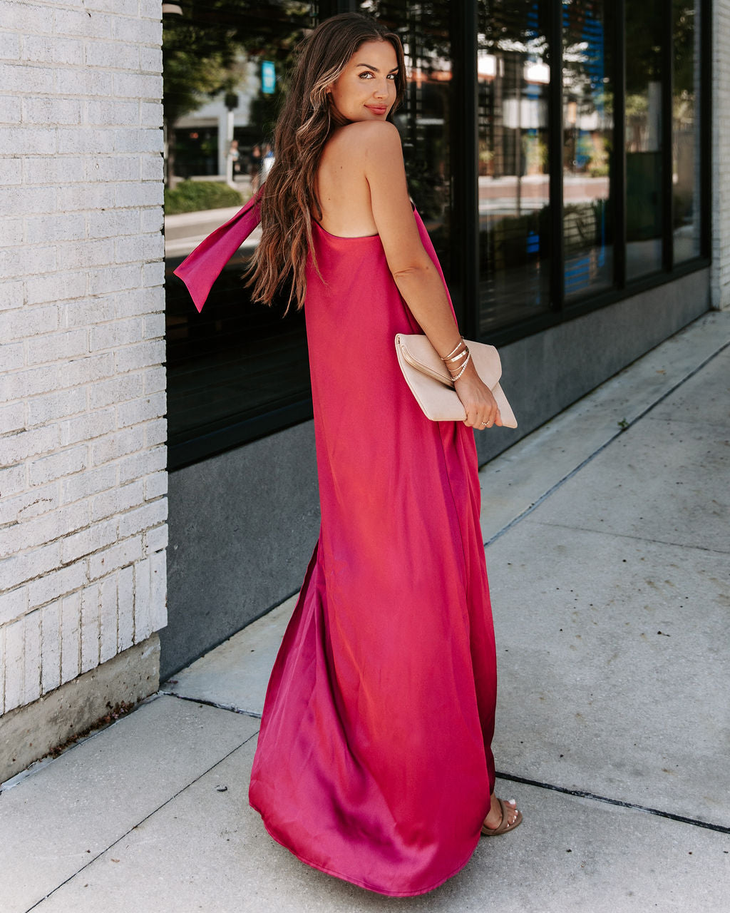 Invite Only Satin One Shoulder Maxi Dress - Burgundy