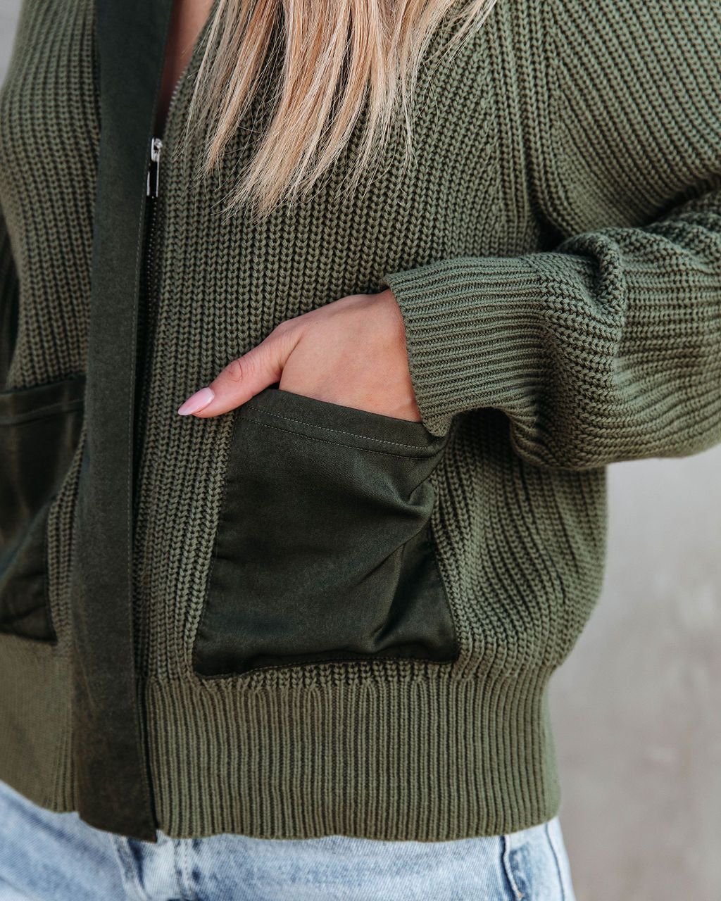 Looking Like A Million Knit Pocketed Satin Zip Up Sweater - Olive