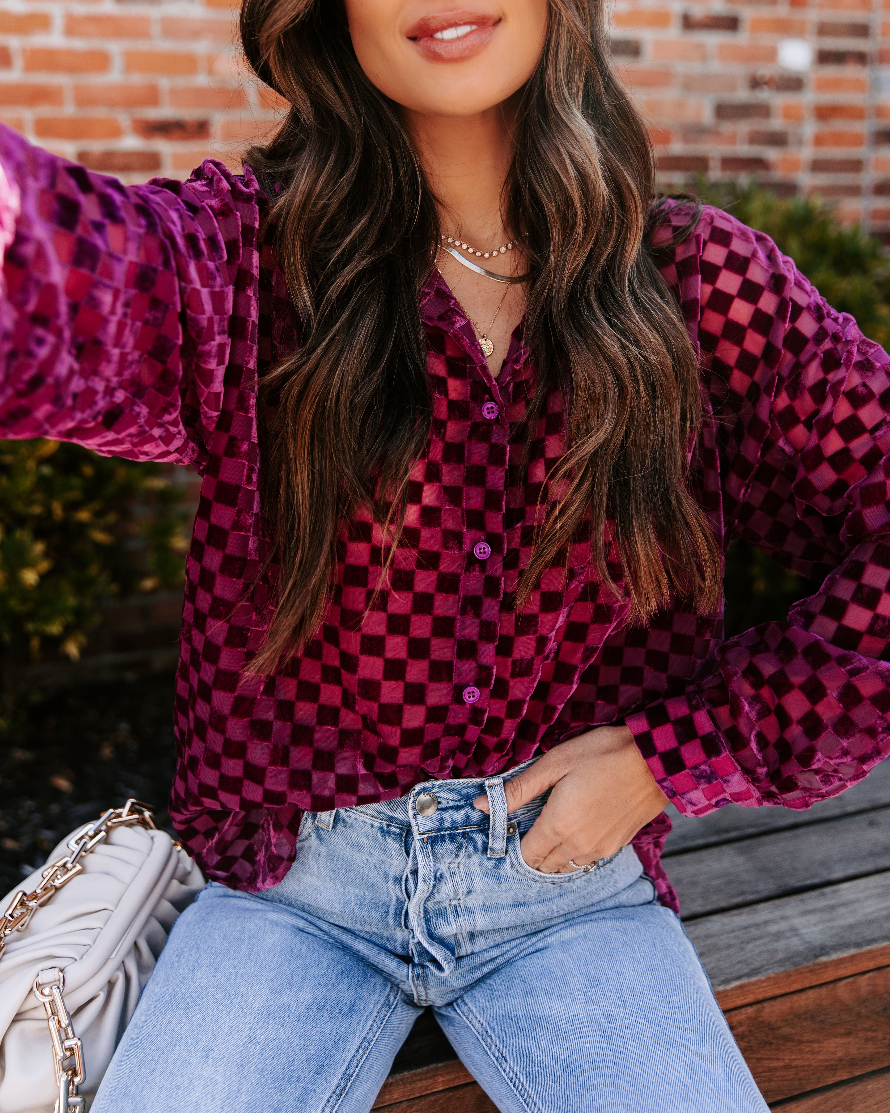Check You Out Burnout Velvet Button Down Top - Fuchsia
