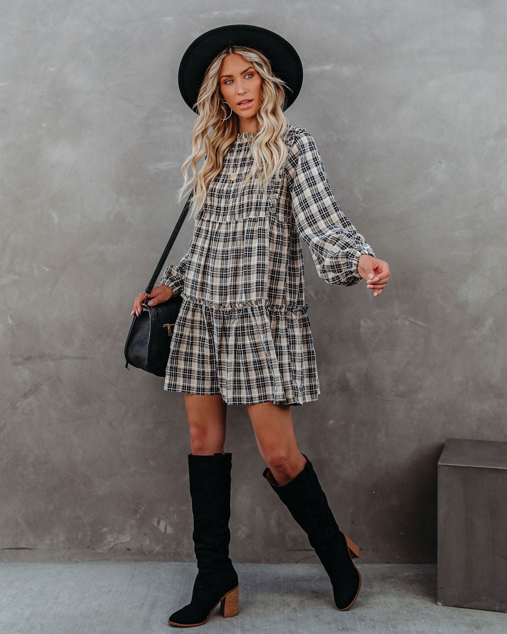 Urika Cotton Blend Plaid Babydoll Dress