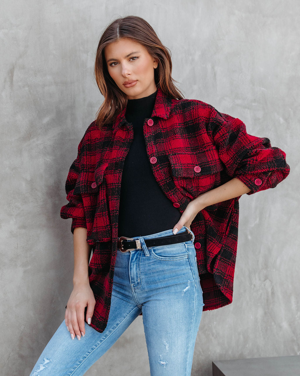 Doug Pocketed Plaid Teddy Jacket
