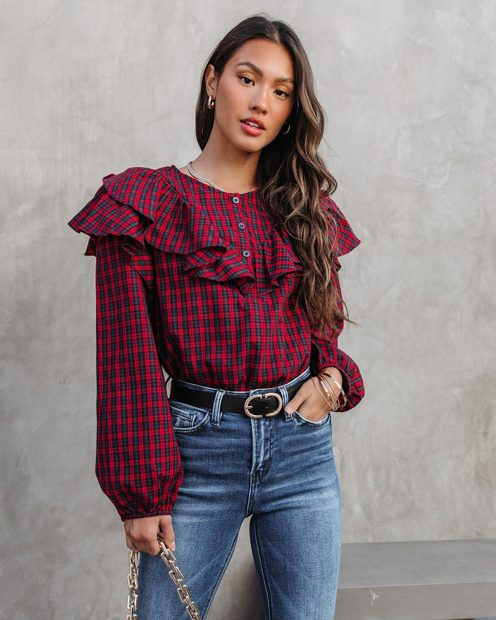 Clara Plaid Ruffle Long Sleeve Top - Red