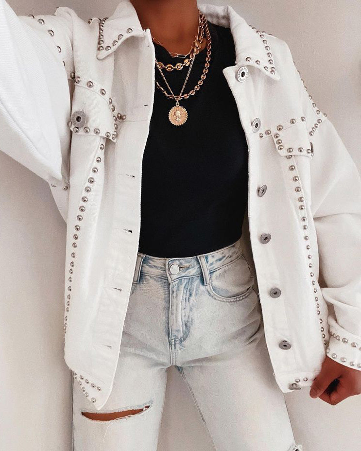 Kind Of A Big Deal Pocketed Studded Denim Jacket - White - SALE