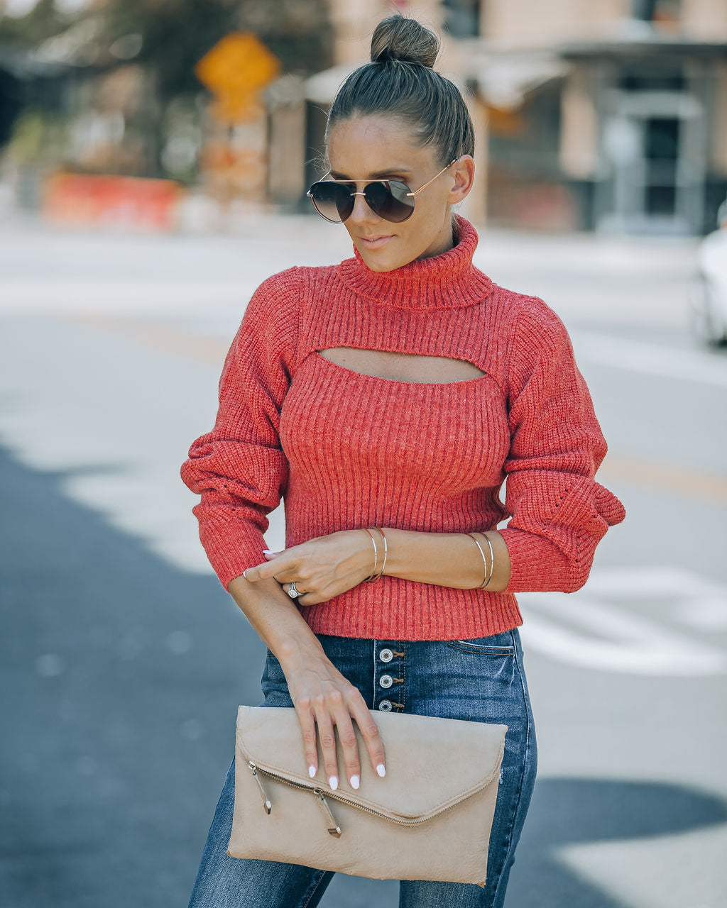 Taking Risks Knit Cutout Turtleneck Sweater - Rust - SALE