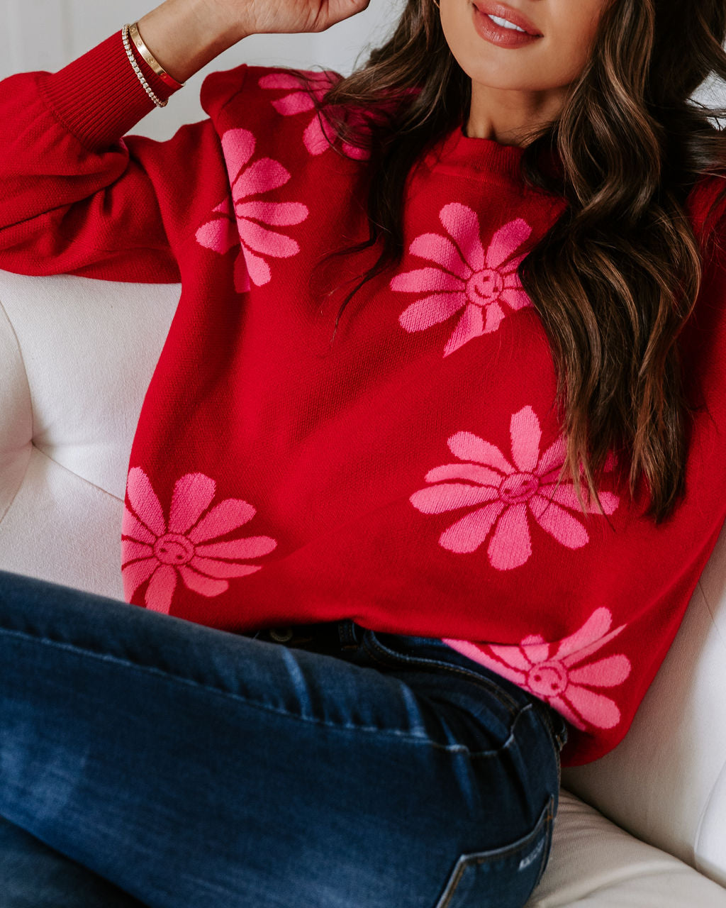 Oh Happy Daisy Pullover Sweater - Red