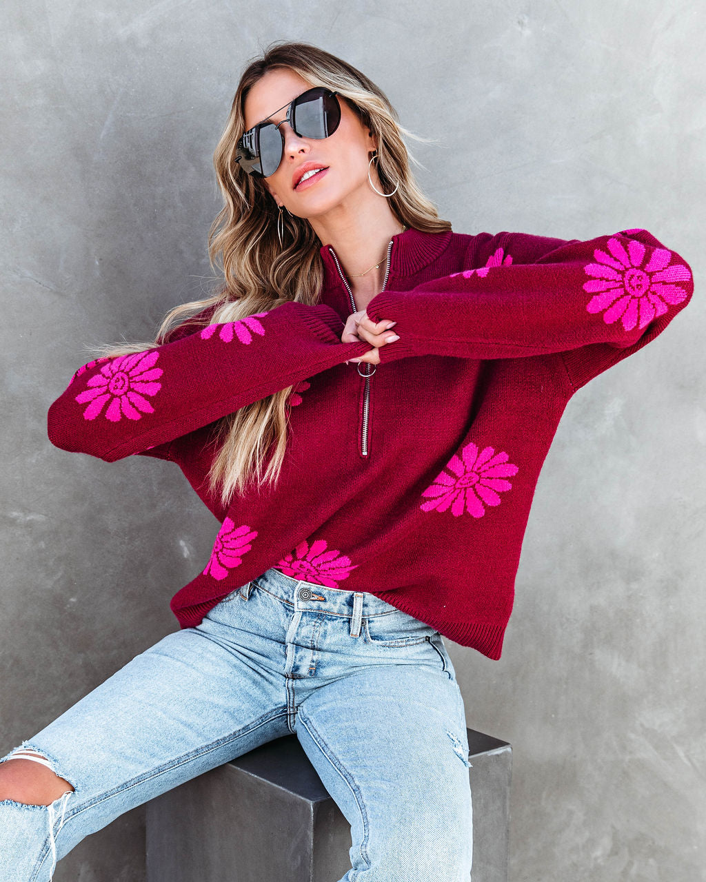 Happy As A Daisy Half Zip Pullover Sweater - SALE