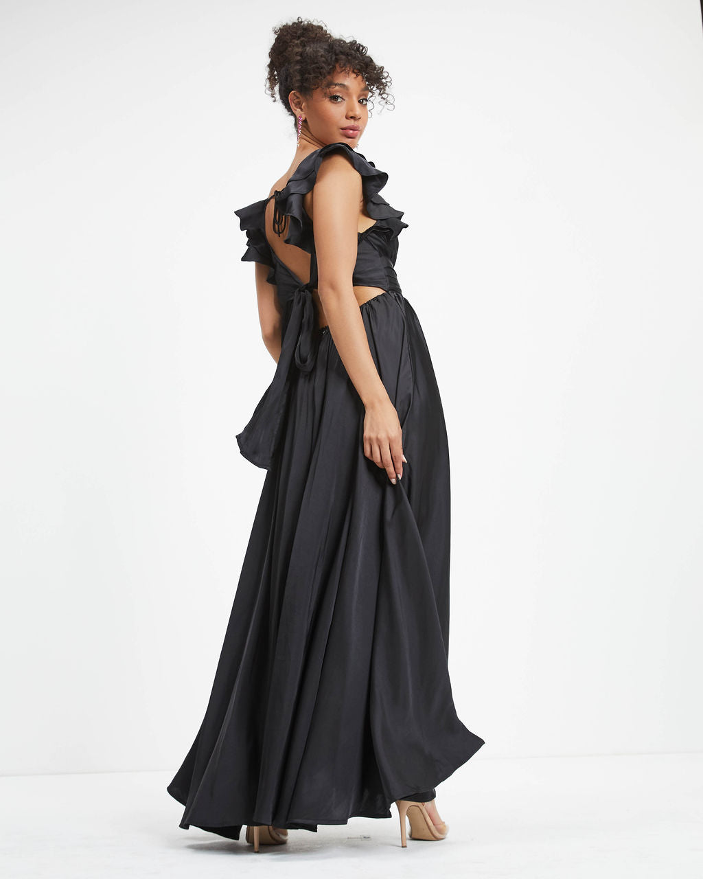 First Class Satin Ruffle Cutout Maxi Dress - Black - FINAL SALE