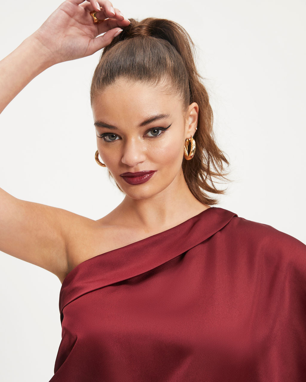 Sylvia Satin One Shoulder Top - Wine