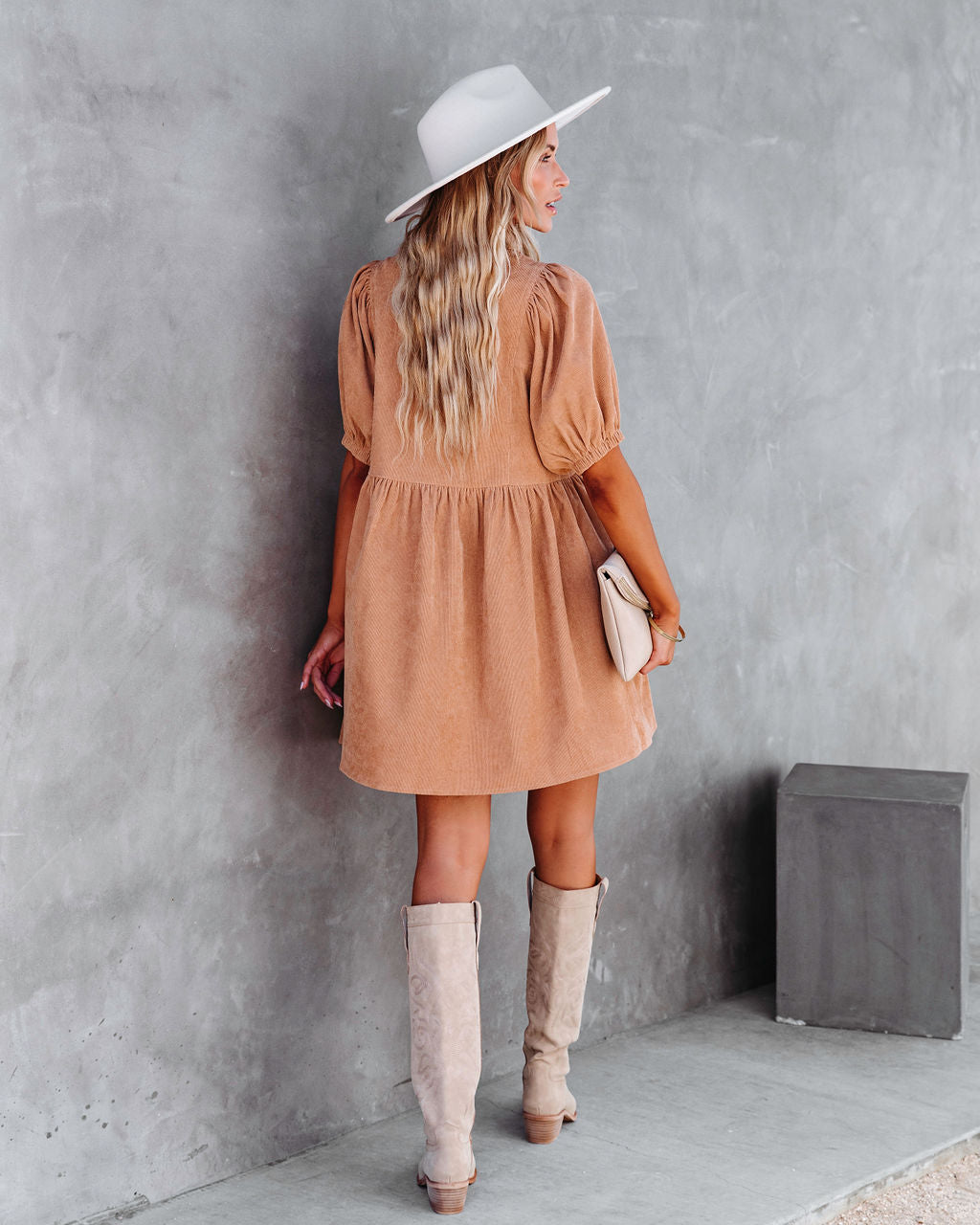 Owen Corduroy Puff Sleeve Babydoll Dress - Camel