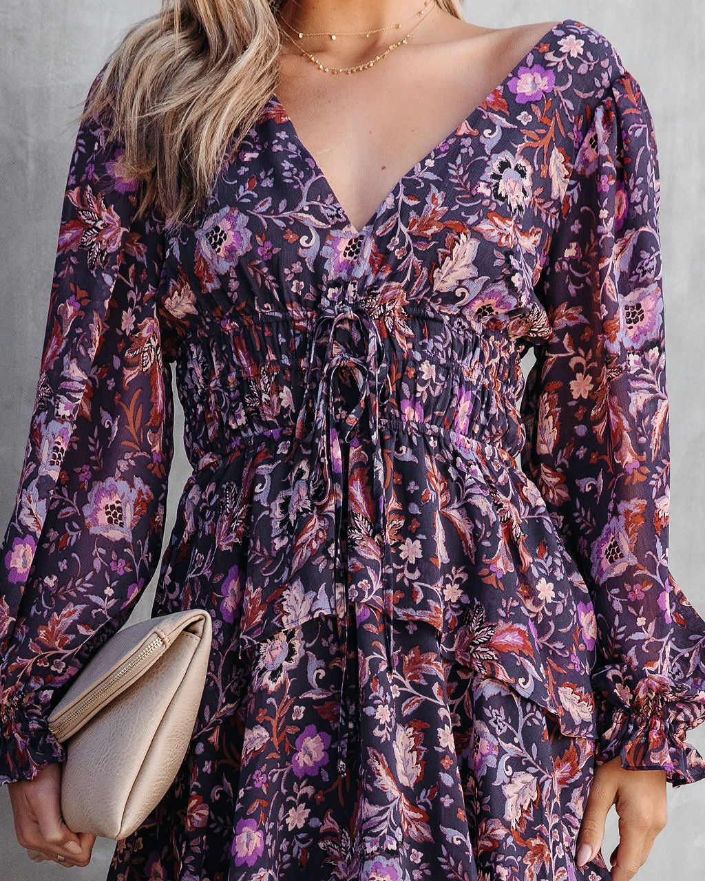 Maleah Floral Tiered Chiffon Midi Dress - Plum