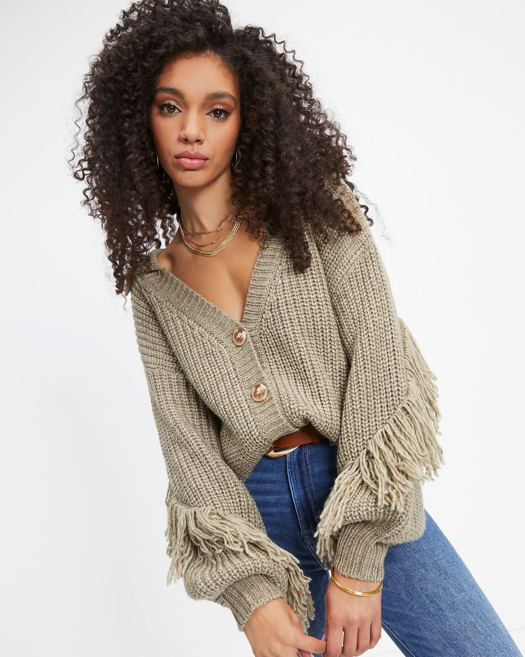 Jordana Knit Fringe Collared Cardigan - Dusty Sage