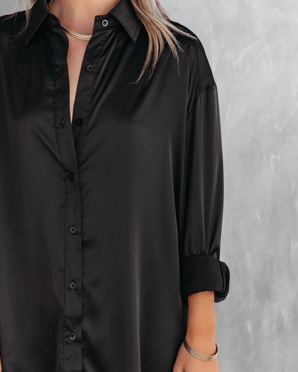 Cheers To Us Satin Button Down Shirt Dress - Black