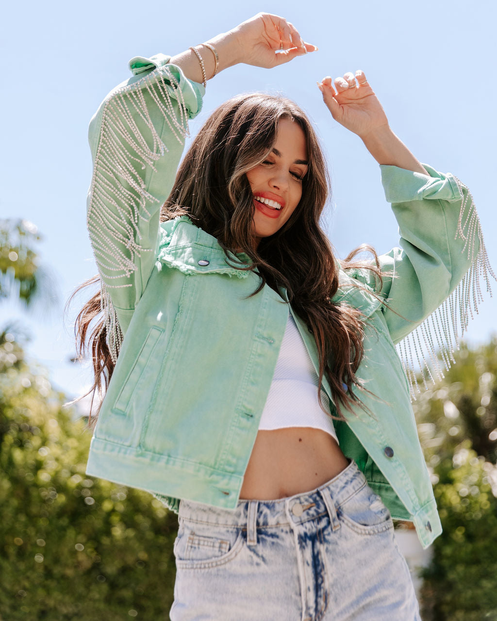 Diamond Rodeo Rhinestone Denim Jacket - Mint Green - FINAL SALE