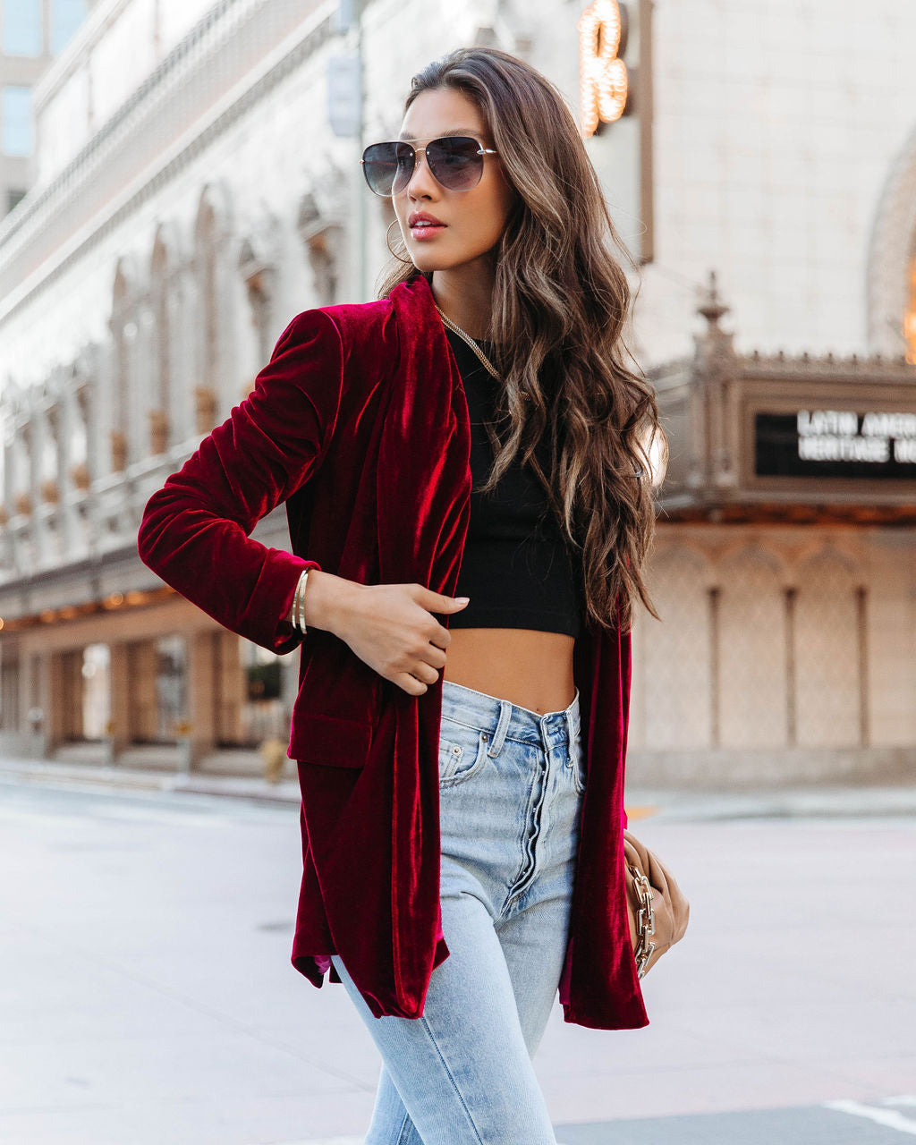 Chicest Pocketed Velvet Blazer - Ruby