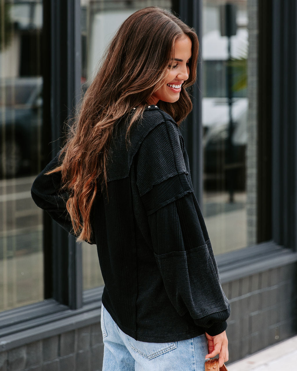 Axel Studded Waffle Knit Long Sleeve Top - Black