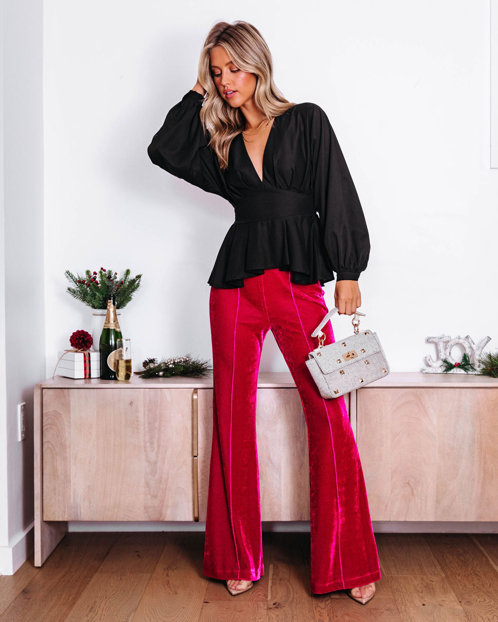 Gianna Plunge Neck Long Sleeve Top - Black