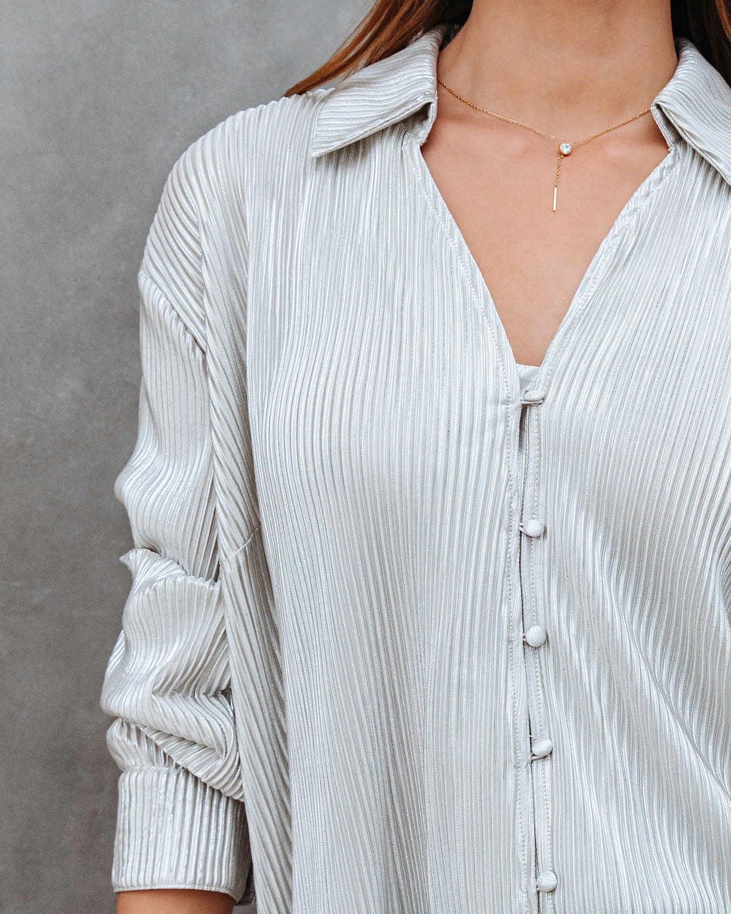 Center Piece Metallic Plisse Button Down Top - Silver