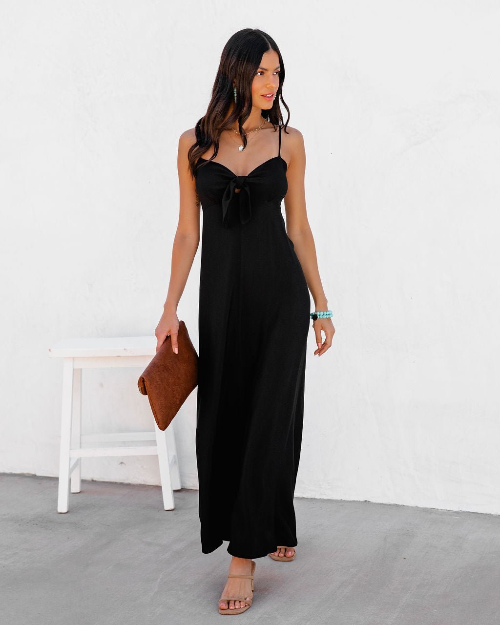 Eladoria Front Tie Maxi Dress - Black - FINAL SALE