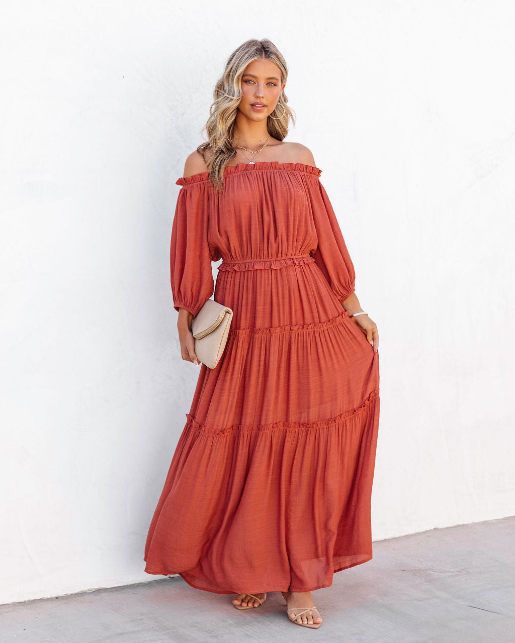 Caught In Your Embrace Off The Shoulder Maxi Dress - Terracotta