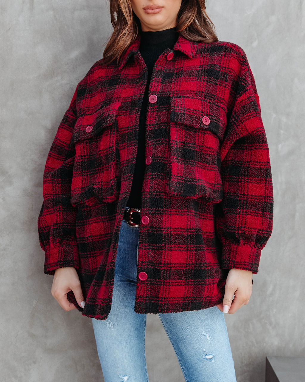Doug Pocketed Plaid Teddy Jacket