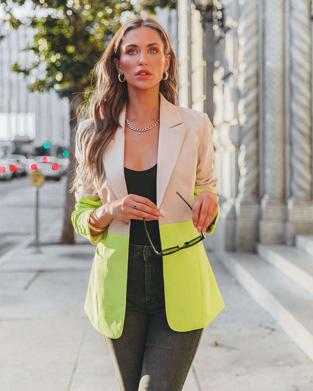 She Sets Trends Pocketed Colorblock Blazer - Lime