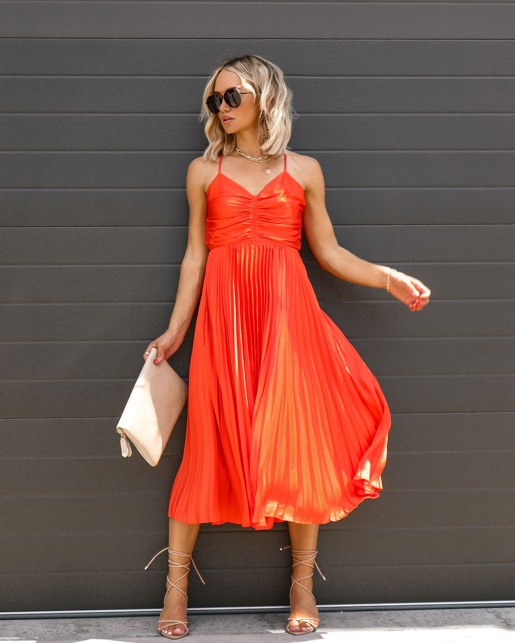 Classic Bombshell Satin Pleated Midi Dress - Orange - FINAL SALE