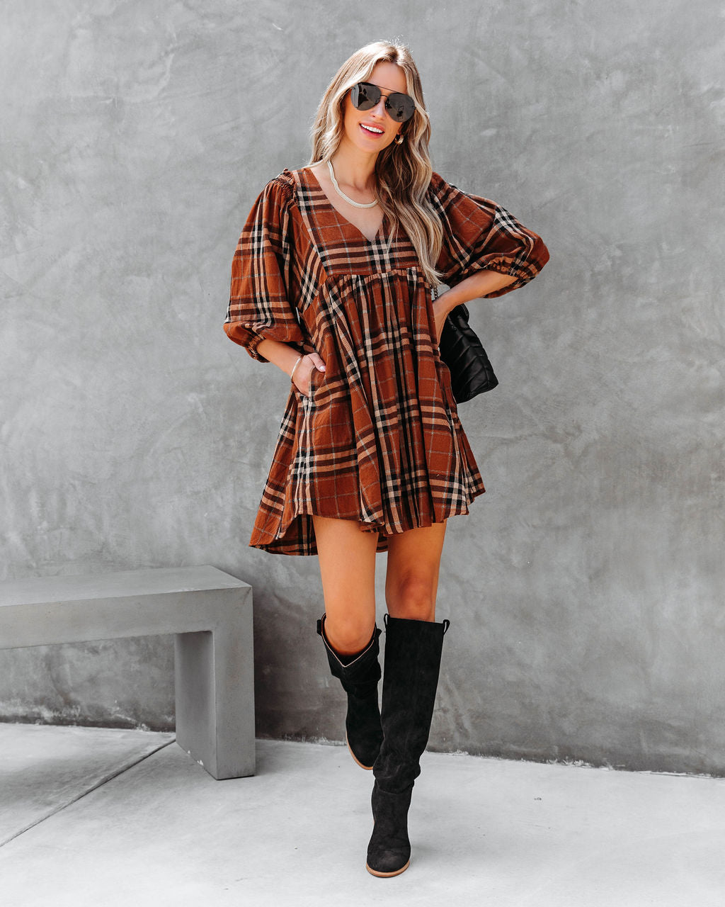 Delightful Autumn Pocketed Babydoll Dress