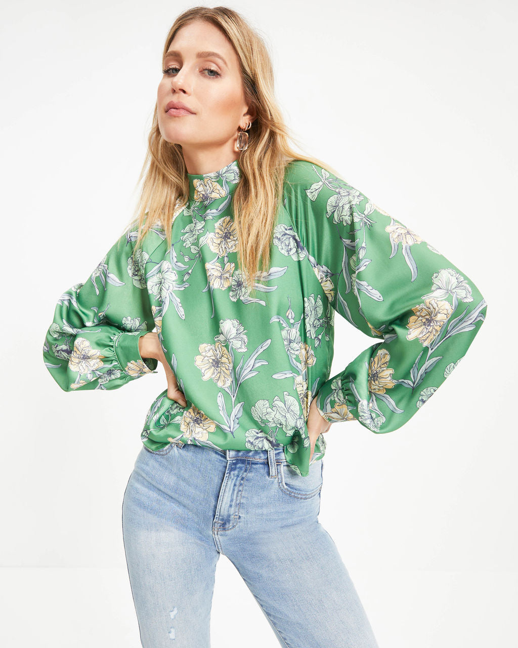 Peaceful Oasis Satin Floral Mock Neck Top