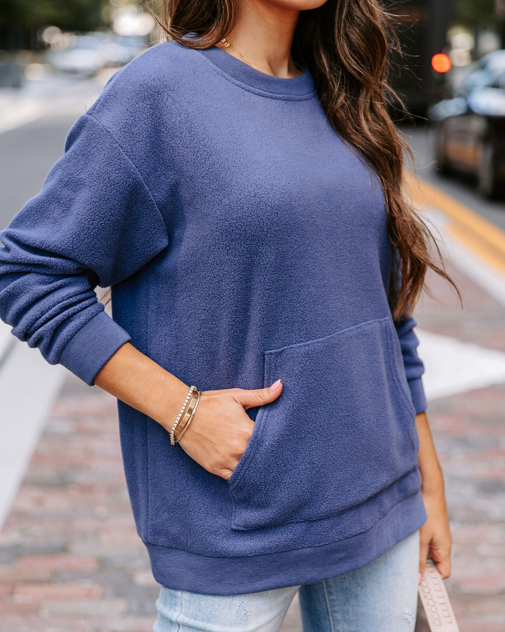 Beach Bonfires Fleece Pocketed Pullover Sweater - Navy - SALE