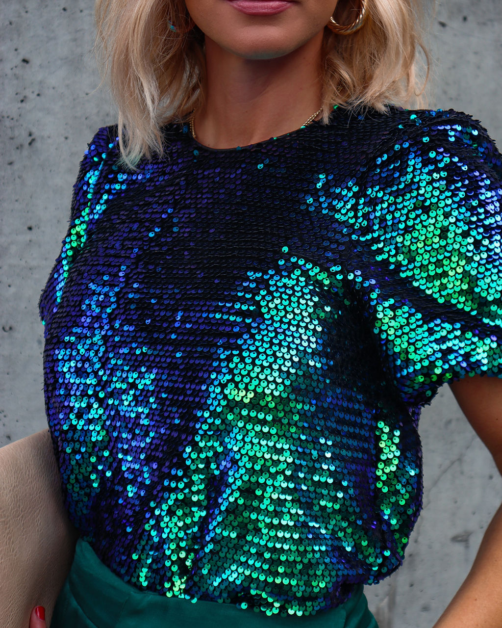 Tinsel Queen Sequin Puff Sleeve Top - Green