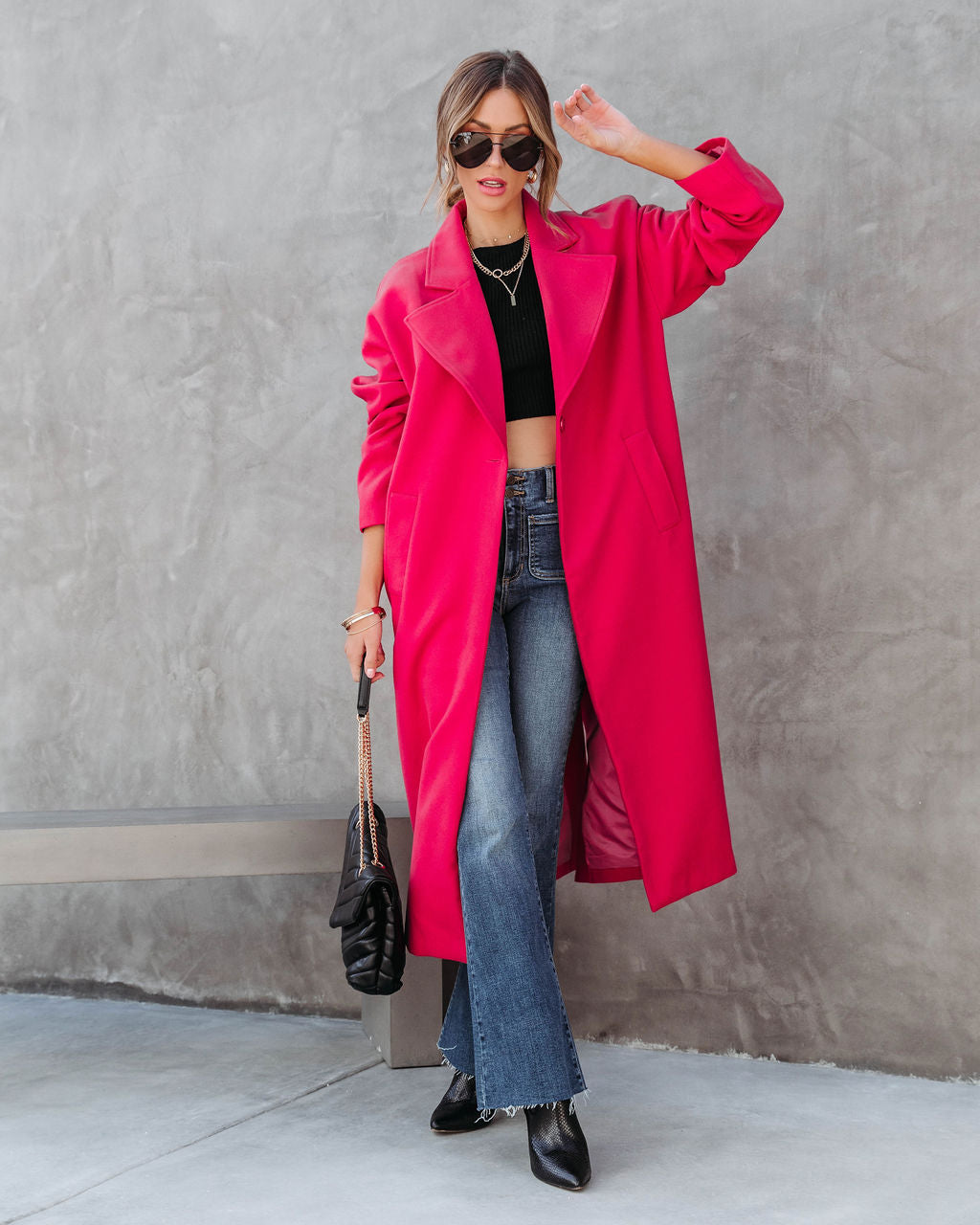 City Night Vibes Pocketed Coat - Fuchsia