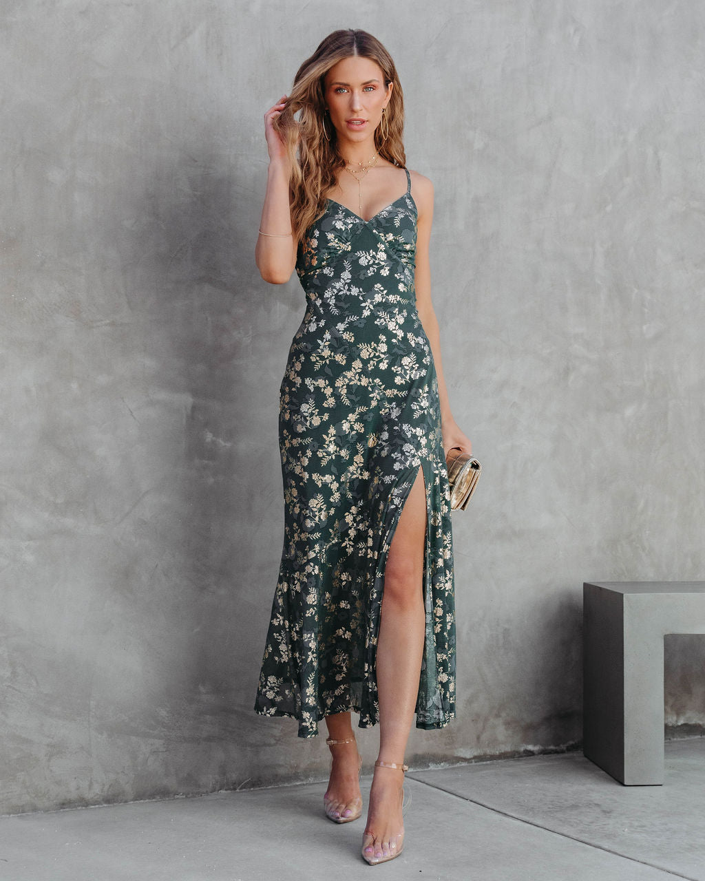 Earned It Floral Metallic Slit Maxi Dress - Green