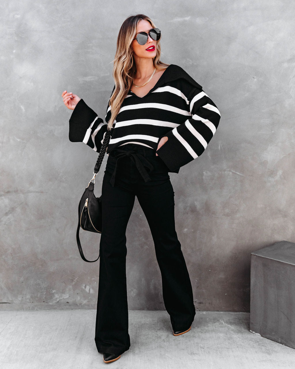 Maxwell Striped Knit Pullover Sweater - Black