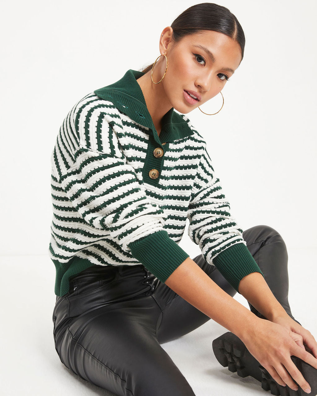 Elk Grove Knit Stripe Henley Pullover Sweater - Green
