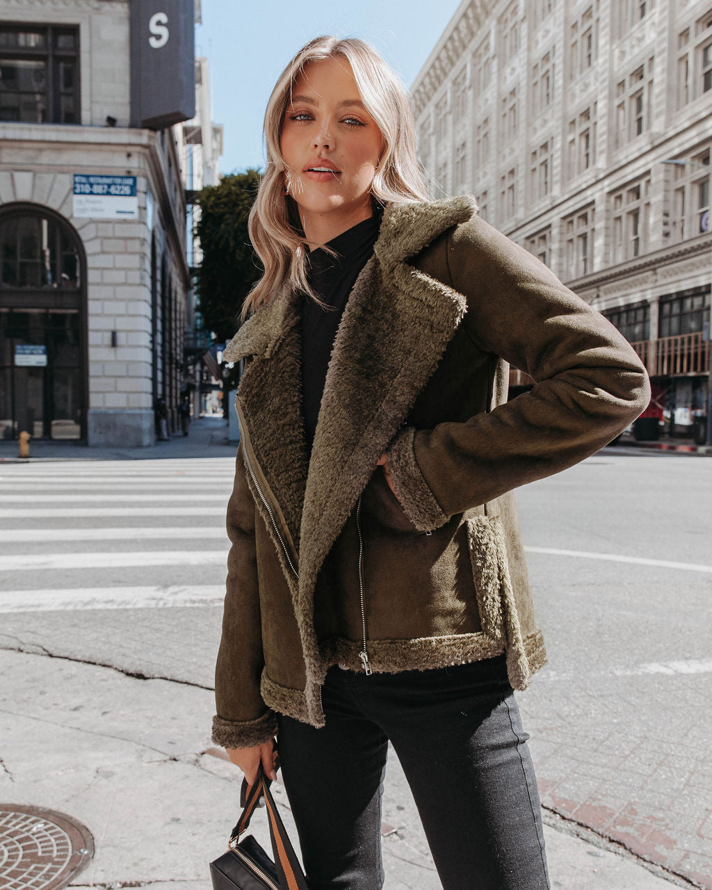 Earhart Pocketed Faux Suede Jacket - Olive