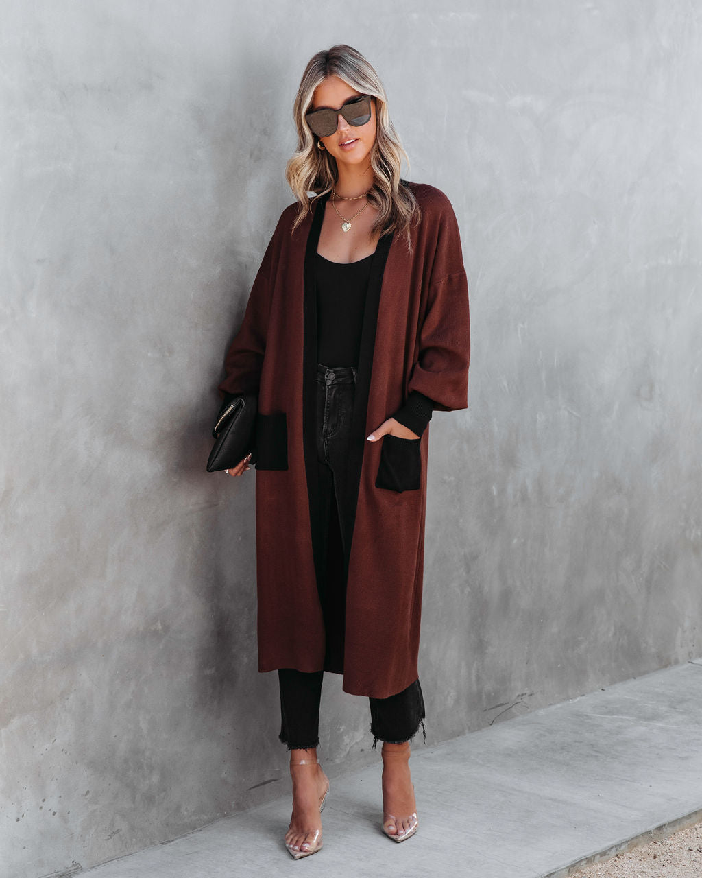 Weekend Errands Pocketed Duster Cardigan - Chocolate