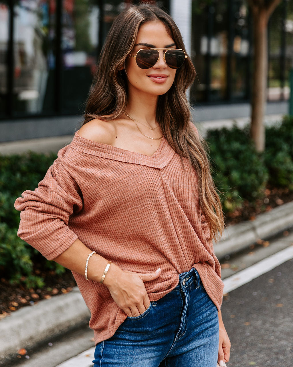 Touch Of Fall Oversized Ribbed Long Sleeve Top - Clay - SALE
