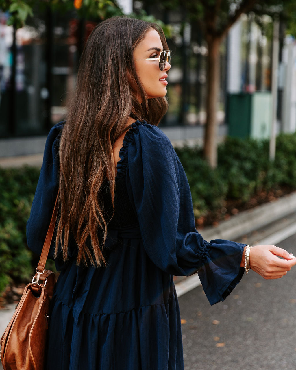 River Pocketed Puff Sleeve Midi Dress - Navy