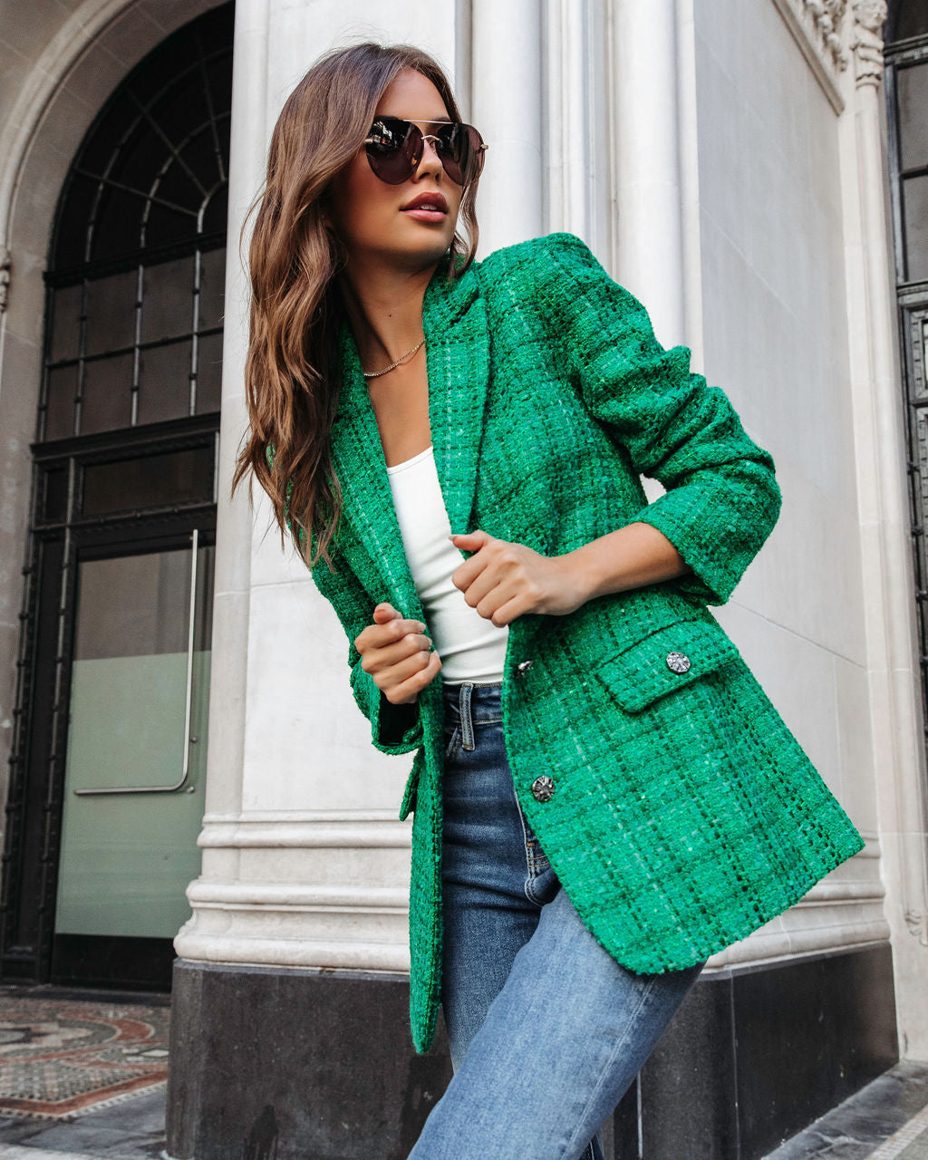 Priestly Pocketed Tweed Blazer - Emerald